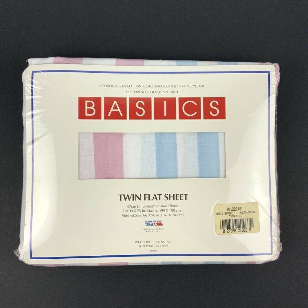 Westpoint Stevens Basics Twin Flat Sheet Pink Blue Stripe No Iron Made in USA